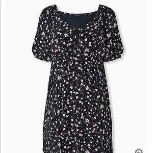 Black Floral Crinkle Gauze Puff Peasant Dress